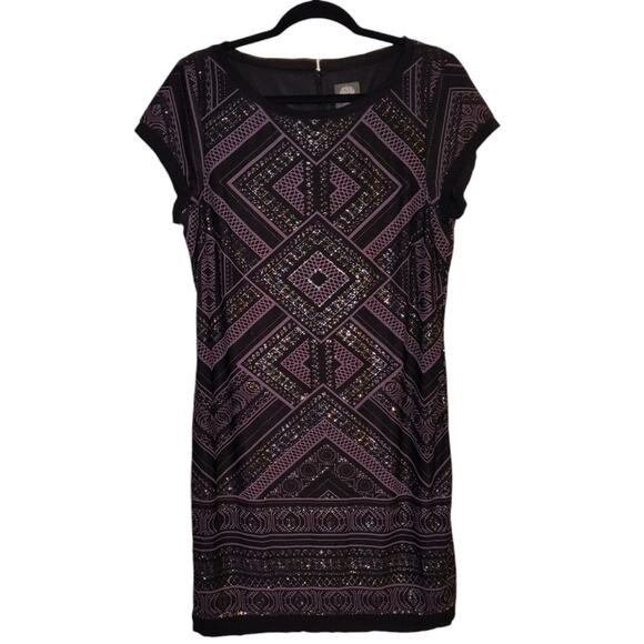 Vince Camuto Women's Black Purple Geometric Print Glitter Shift Dress 14 - Picture 4 of 16